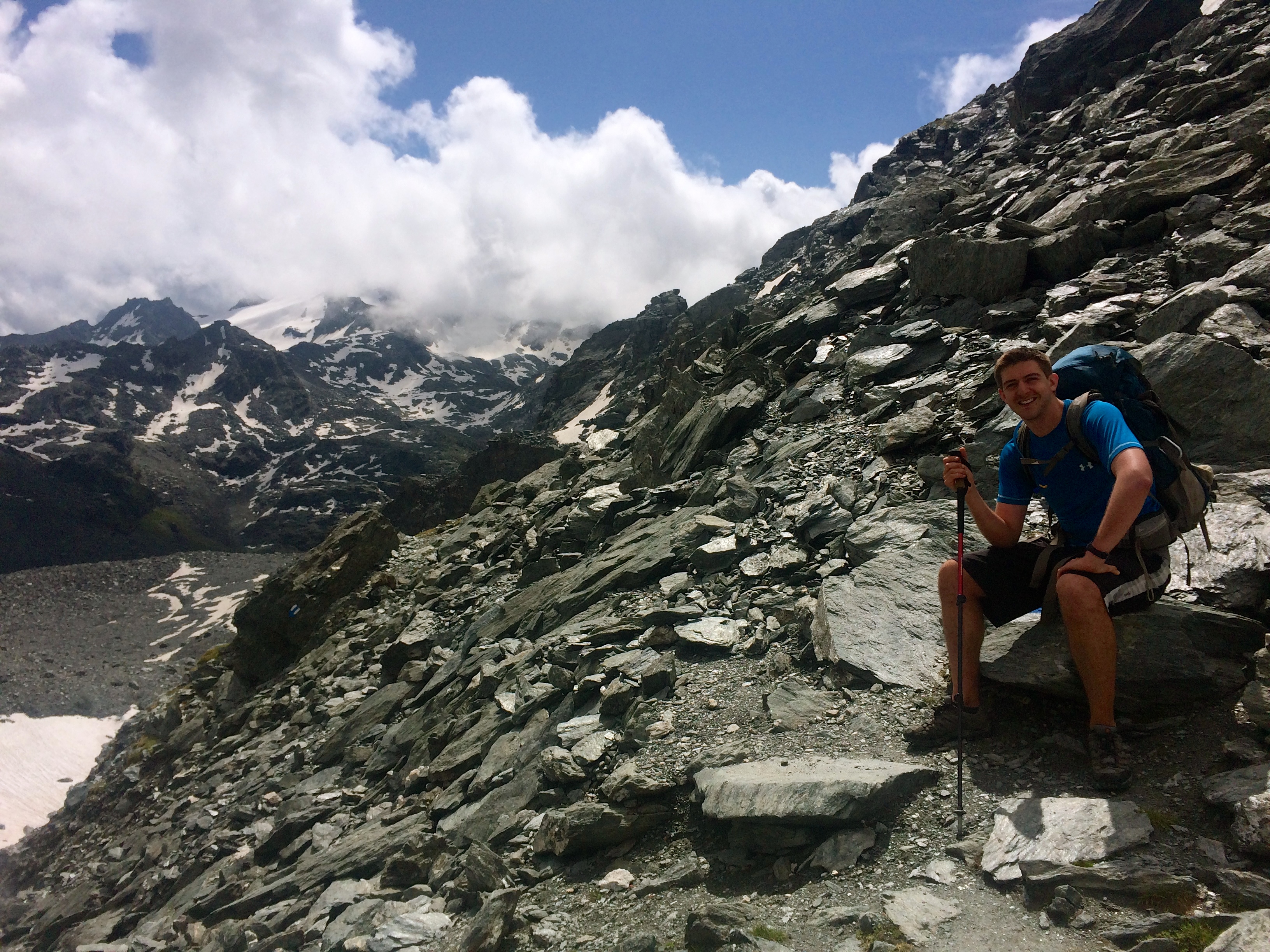 Ben perched on silver shale - Col de la Chaux